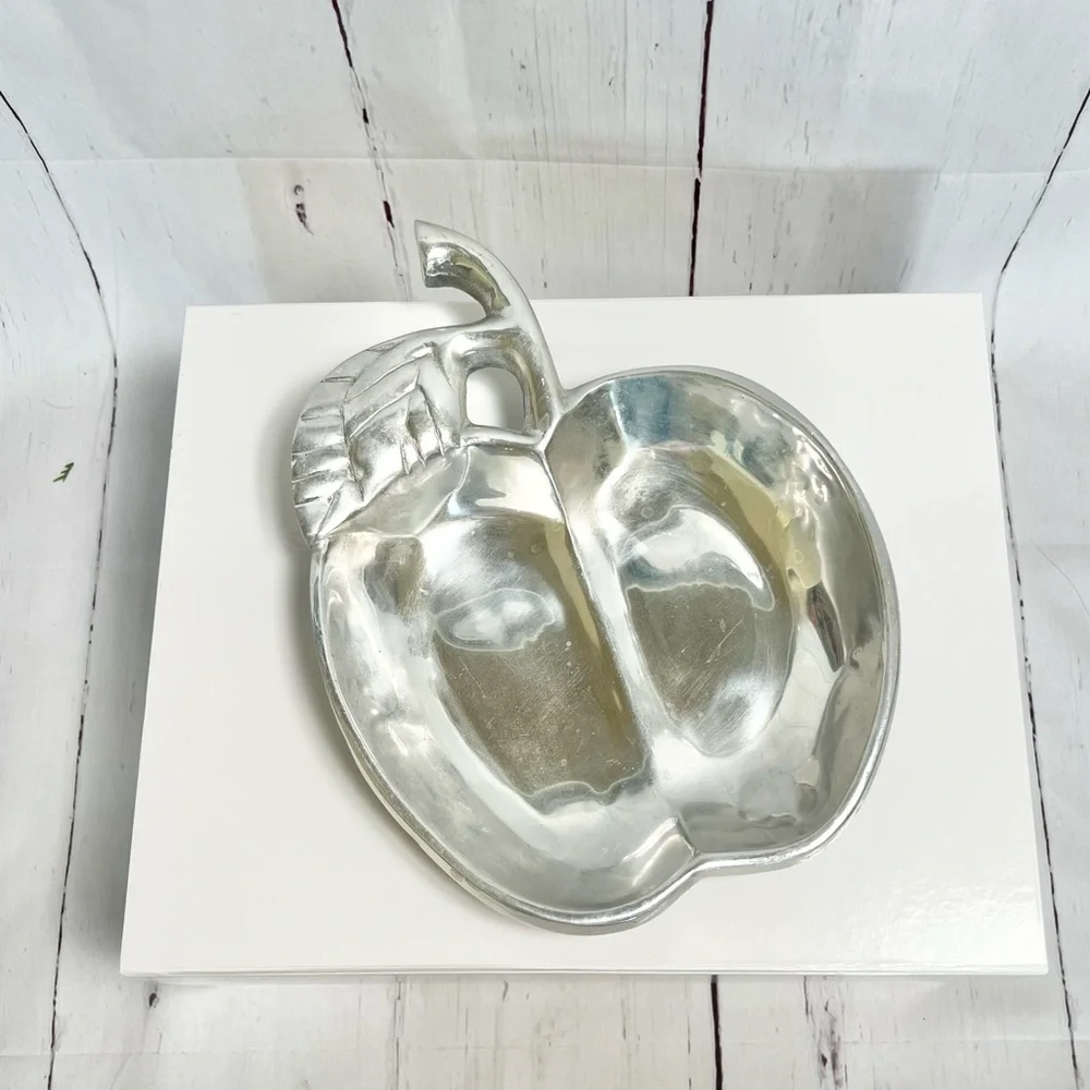 Vintage Pewter Apple Shaped Divided Serving Tray - Heavy Metalware Relish Dish